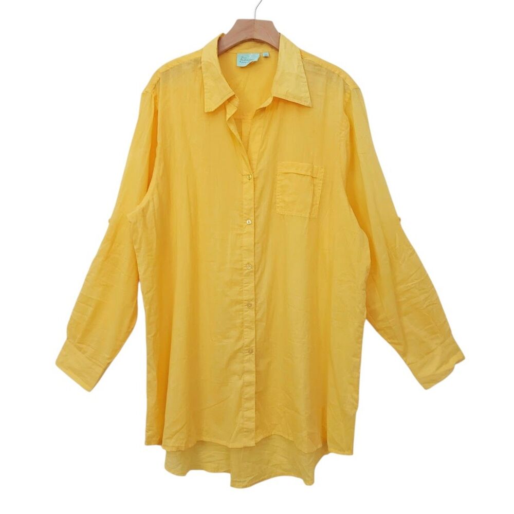 True Destinations Tunic Womens XL Yellow Cotton Roll Tab Sleeve Coastal Boho